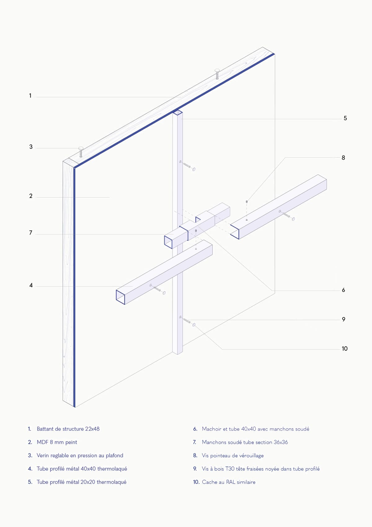 Plan éclaté construction scénographie Hermès principe technique assemblage